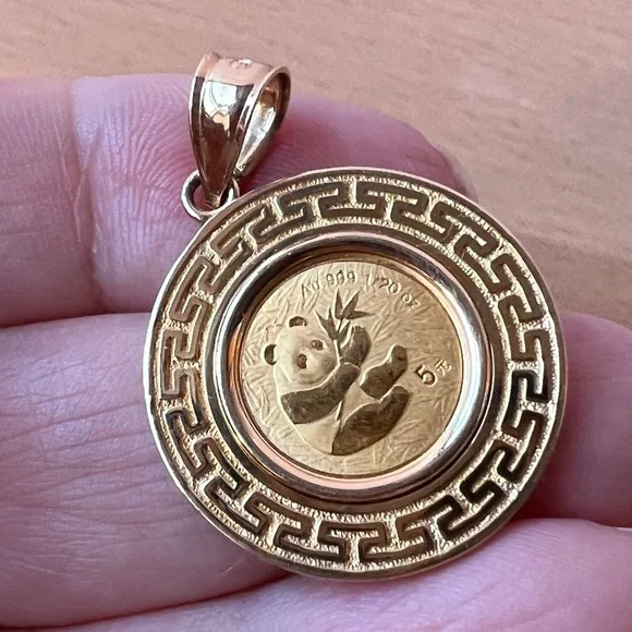 14K BEZEL SET PENDANT PANDA COIN 2000 1/20oz 5 YUAN FROSTED .999 FINE GOLD